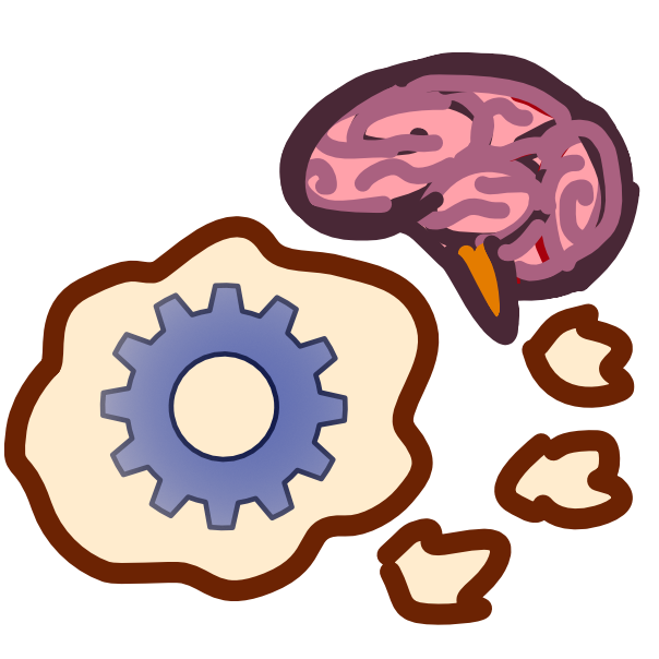 a thought bubble with a gear inside sits below a brain, 3 trailing clouds connect them.